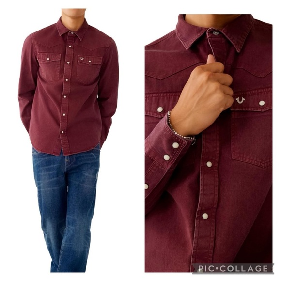 True Religion Overdyed Dark Burgundy Western Cotton Shirt Size Small - Picture 9 of 16